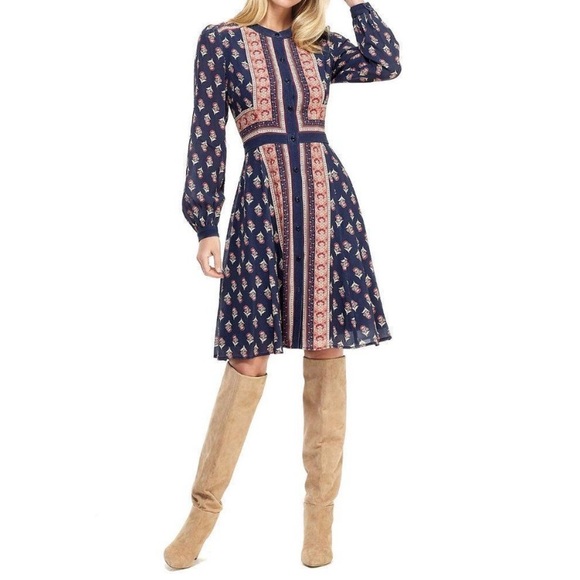 Gal Meets Glam Carlene Woodblock Stripe Button Front Long Sleeve Dress Navy Red - Picture 2 of 7